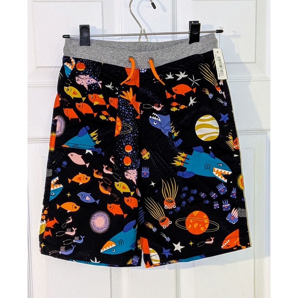 Boys L 10 Space Teal Shark Fish‎ Planets Jellyfish Pull On Shorts NWT
